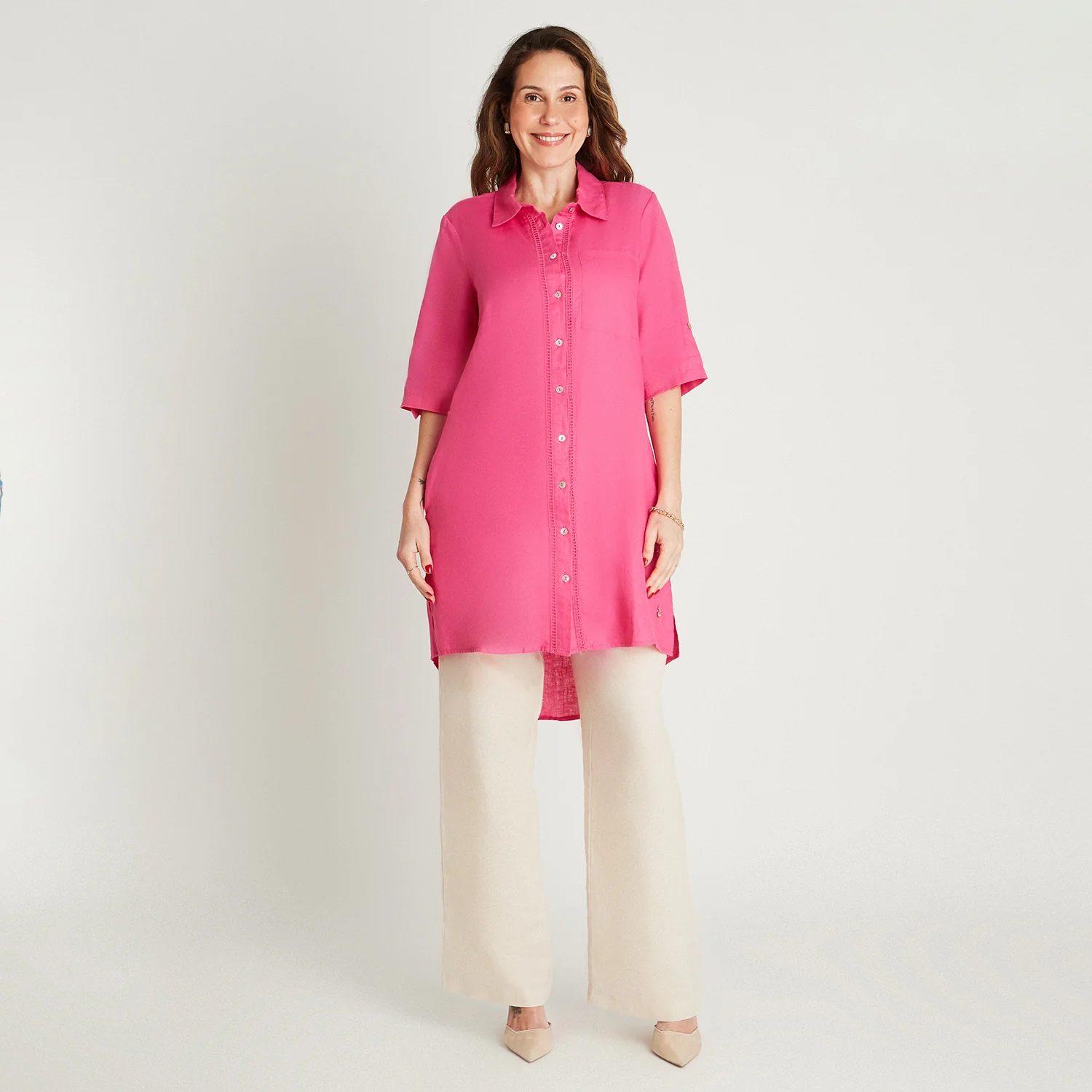 Tapado Lino Fucsia Cuello Camisero Bolsillos - Image 4