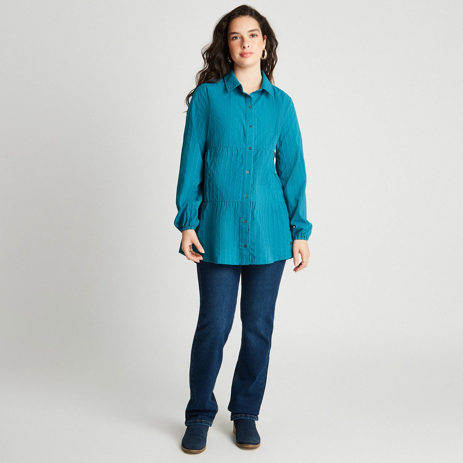 Blusa Manga Larga Tela De Fantasía Azul Petróleo - Image 4