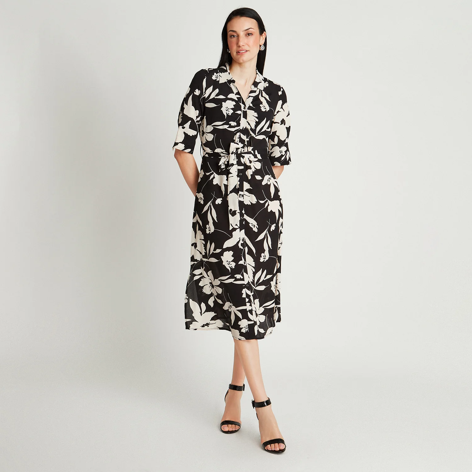 Vestido Midi Negro Manga Codo Estampado Cuello Camisero - Image 4