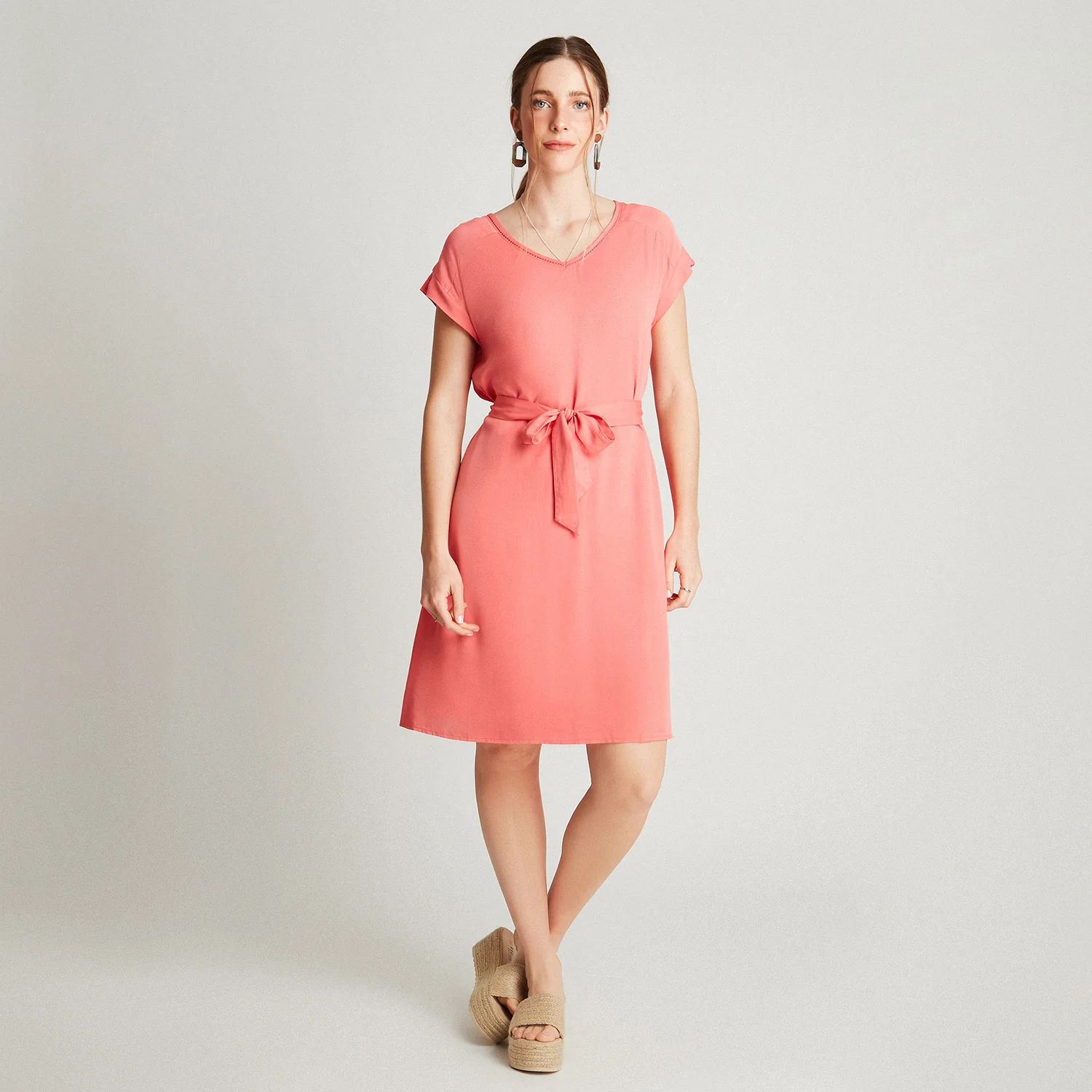 Vestido Midi Coral Manga Kimono Cuello V - Image 4