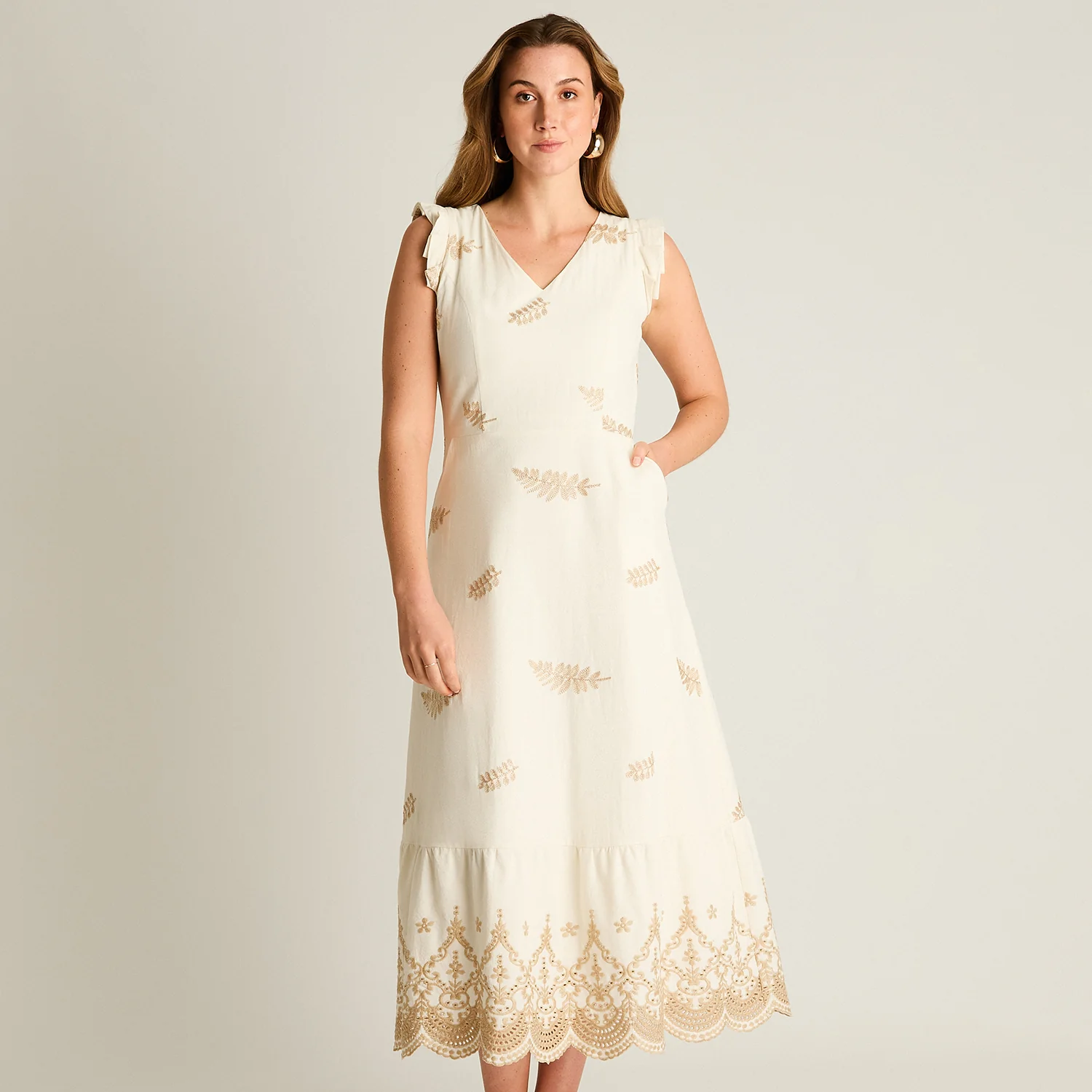 Vestido Midi Beige Con Broderie y Forro - Image 4