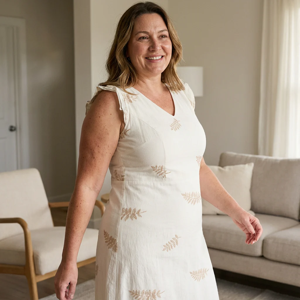 Vestido Midi Beige Con Broderie y Forro - Image 6